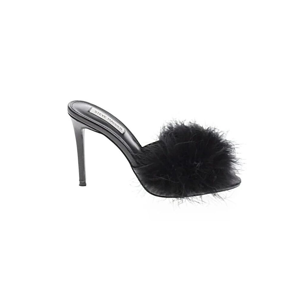 DESIGNER STEVE MADDEN BLACK FEATHER DETAIL HIGH HEEL MULES SHOES SIZE 8.5 M - Picture 12 of 16